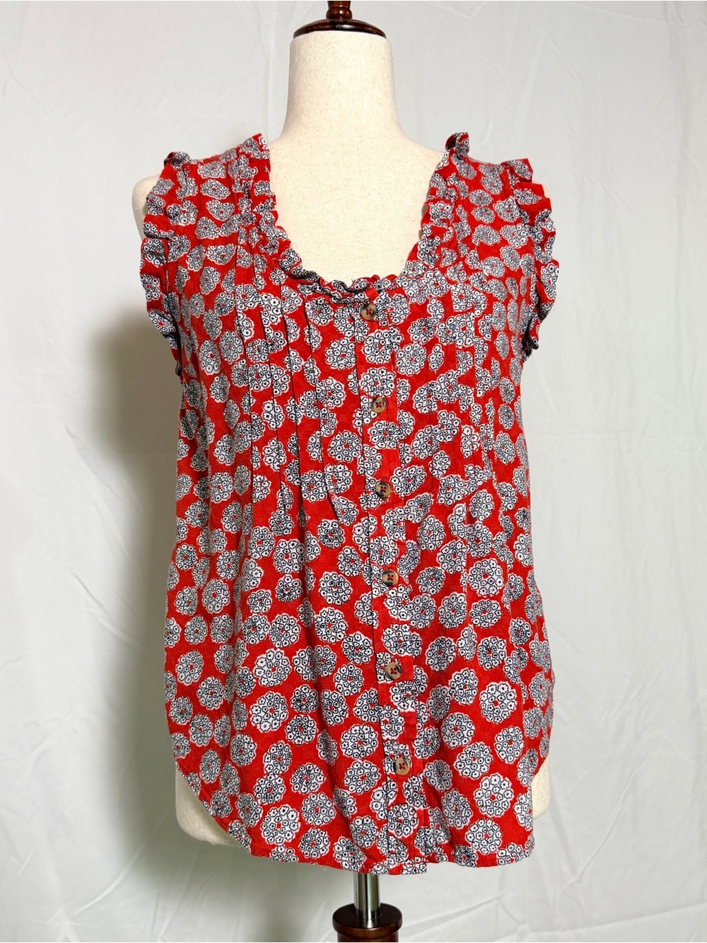 Anthropologie Red Floral‎ Ruffle-Trim Button Front Blouse